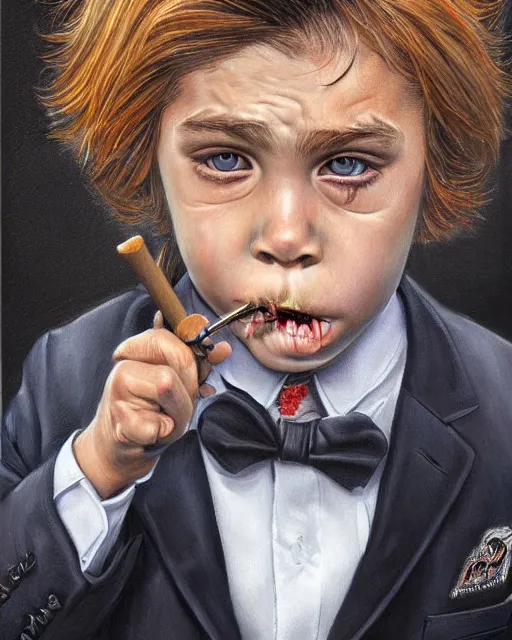 Prompt: portrait of a 7 year old child crime boss, gritty, wearing a suit, smoking, very detailed eyes, hyperrealistic, very detailed painting by Glenn Fabry, by Joao Ruas, by Artgerm