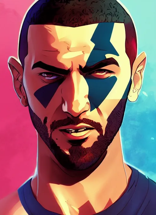 Prompt: portrait of karim benzema, epic lighting, in the style of artgerm and charlie bowater and atey ghailan and mike mignola, vibrant colors and hard shadows and strong rim light, comic cover art, plain background, trending on artstation