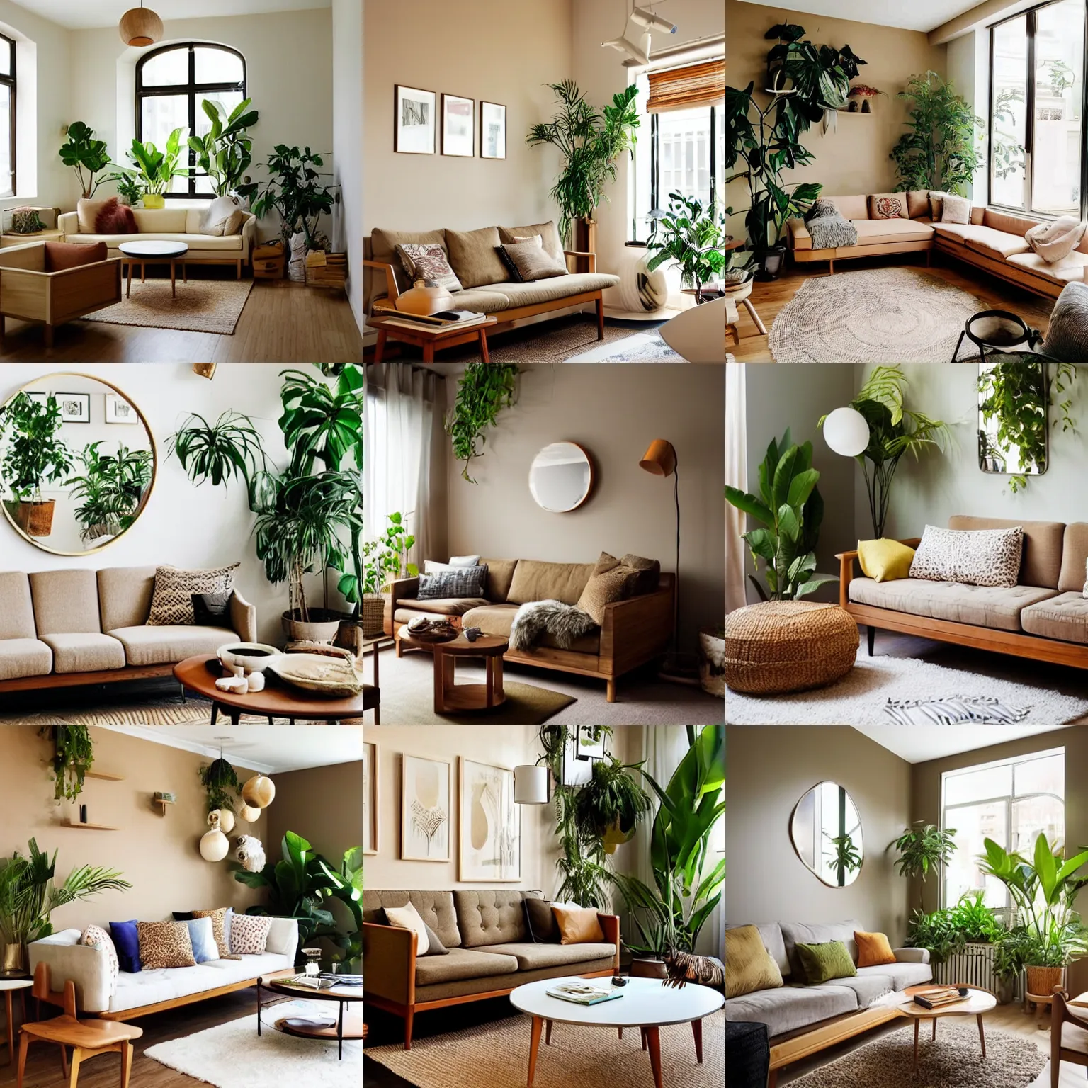 Prompt: living room interior design, sand - colored walls, japandi, ikea, sunny, warm wood, urban jungle plants, round mirror on the wall, light - brown wall, mid - century sofa