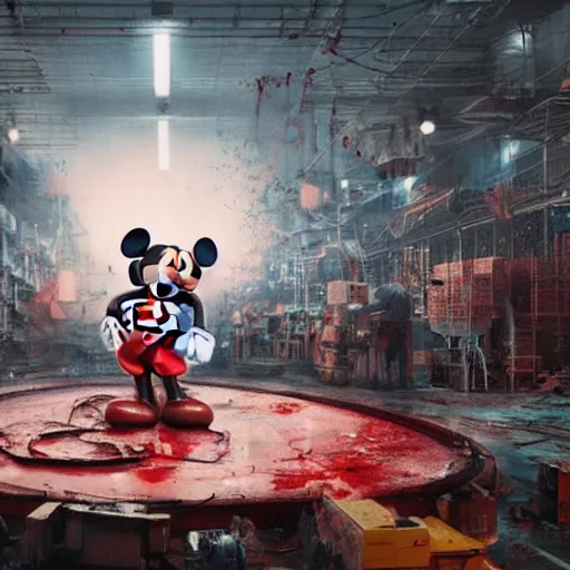 Image similar to a giant mickey mouse head, factory floor, surrounded by factory workers, octane render, cgstation, 3 d render, very detailed, mindblowing, blood and guts, gritty, cyberpunk, cinematic lighting, hyper realism, netflix logo