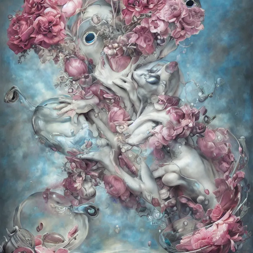 Image similar to a biomorphic painting of a vase with flowers and eyeballs in it, a surrealist painting by Marco Mazzoni, by Peter Mohrbacher, by Dorothea Tanning, pastel blues and pinks, featured on artstation, metaphysical painting, oil on canvas, fluid acrylic pour art, airbrush art,