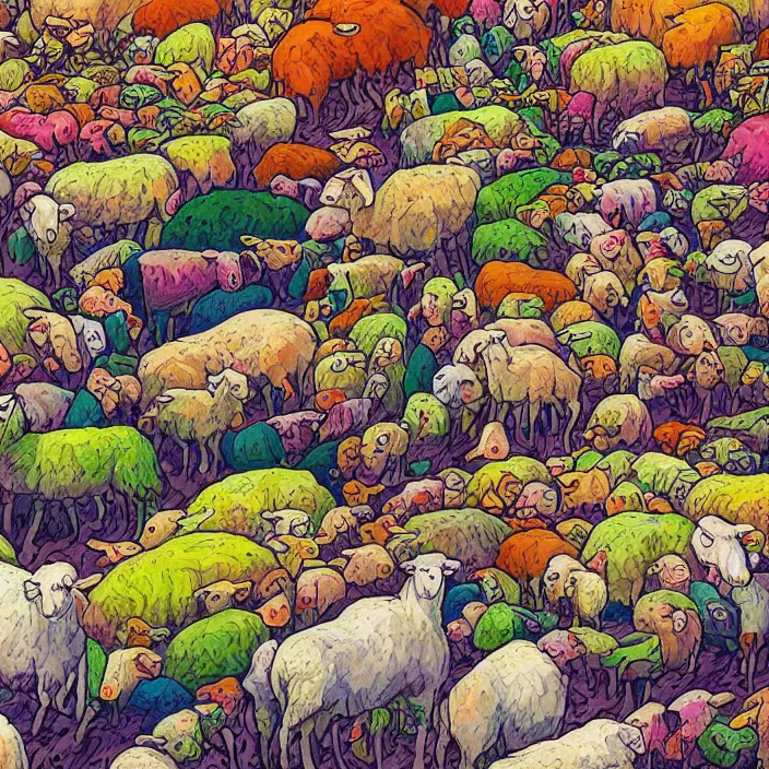 Image similar to a herd of sheep lying dead over mountains of gigantic fruit, naivistic art, childrens drawing, story book illustration, expressive, colorful, schizophrenic, paranoid