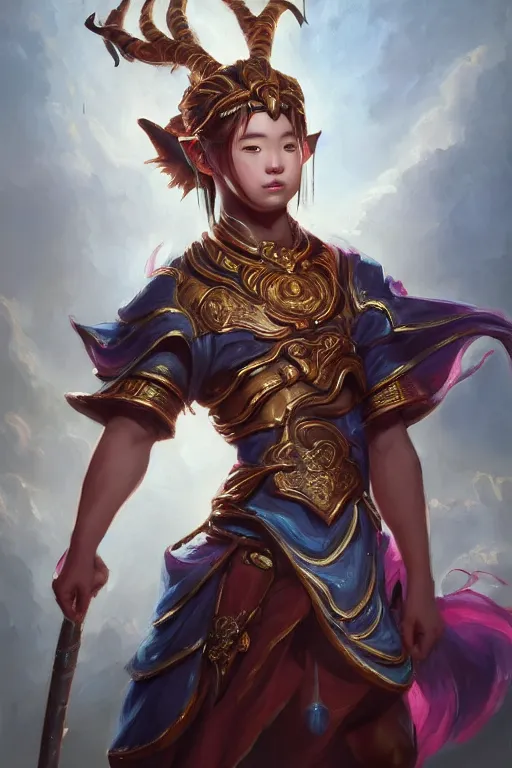 Image similar to a masterpiece portrait of nezha, handsome kid wear holding spear, fantasy character portrait, hyper detailed, digital painting, 8 k realistic, trending on artstation, sharp focus, dof, by ne zha ( 2 0 1 9 ), fenghua zhong, artgerm, ne zha from smite, tsuyoshi nagano, top lighting