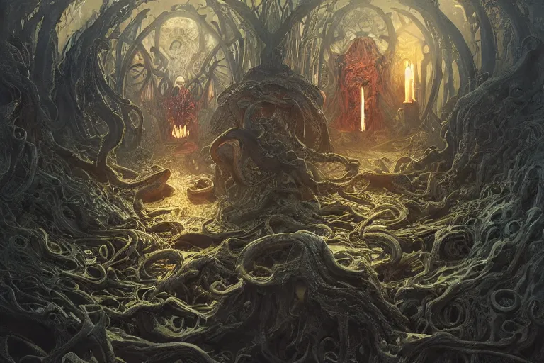 Image similar to a lovecraftian painting of a demonic shrine, occult, demon summoning, hell gate, cosmic horror elements, ultra realistic, concept art, intricate details, eerie, highly detailed, photorealistic, octane render, 8 k, unreal engine. art by artgerm and greg rutkowski and alphonse mucha