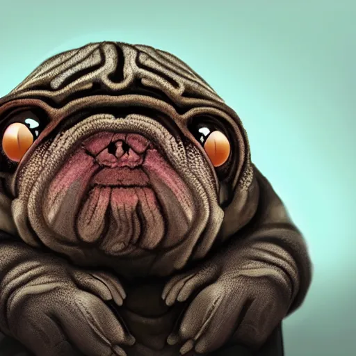 Image similar to A tardigrade with the eyes and mouth of a pug, national geographic-file-photograph, paywall-content, premium-award-winning, trending on artstation