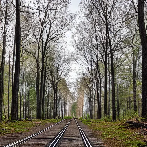 Image similar to Tram line in a forest, 8k UHD, high quality, studio photo,