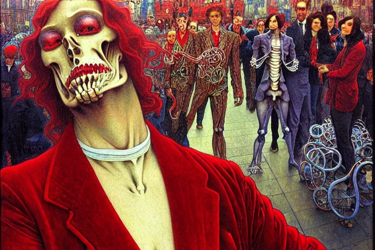 Image similar to realistic detailed closeup portrait painting of a single skeleton wearing red velvet blazer in a crowded futuristic moscow street by Jean Delville, Amano, Yves Tanguy, Alphonse Mucha, Ernst Haeckel, Edward Robert Hughes, Roger Dean, rich moody colours, blue eyes