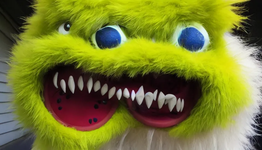 Prompt: adorable furry monster puppet creature with big green eyes smiling, yellow big teeth, pixar style, highly detailed