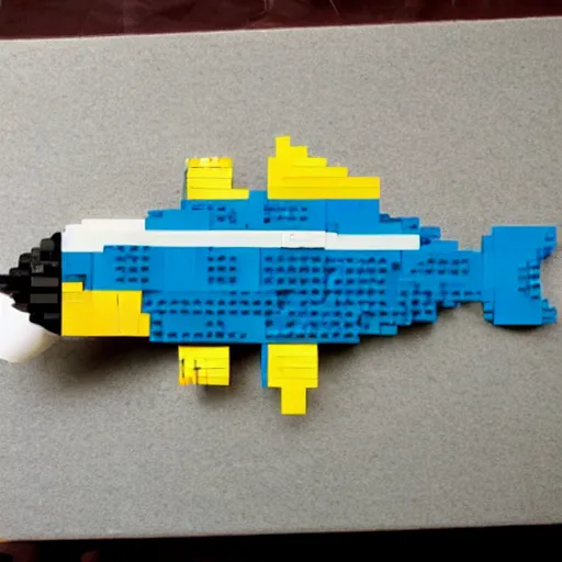 Image similar to lego sculpture of a rocket fish, thoughtful, elegant, real