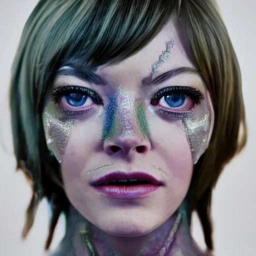 Prompt: beautiful centered Fine art photo portrait of young Emma Stone as a solarpunk robotic humanoid, black mechanical parts with led lights, photorealistic, white background, highly detailed and intricate, outdoor lighting, HDR 8k