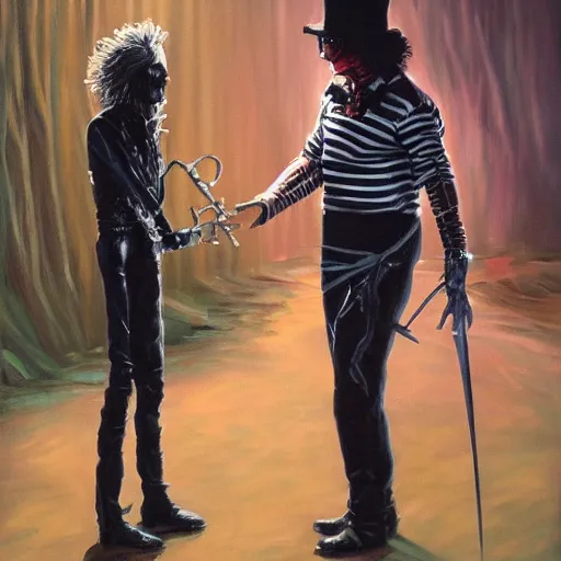 Image similar to Freddy Krueger shaking hands with Edward Scissorhands, oil painting, 8k, trending on artstation