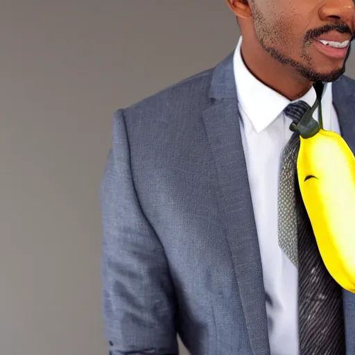 Image similar to a man wearing a suit banana head