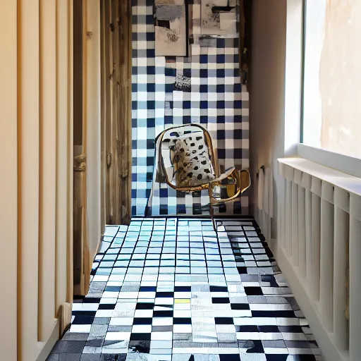 Prompt: checkered floor against turquiose wall