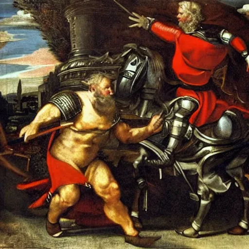 Image similar to donald trump, wearing knight ’ s armor, holding a spectacular broadsword, by annibale carracci, two arms, two legs