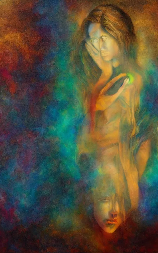 Prompt: iridescent spirit of desire and fear cruel beautiful spirit (androgynous) with golden eyes lunar mythos ambient fog, award winning oil painting, distinct color palette