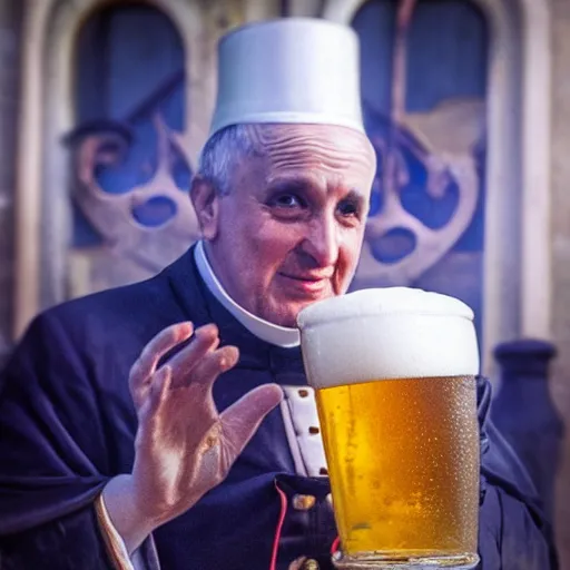 Image similar to photo of the steampunk Pope drinking a beer, 50mm, beautiful photo