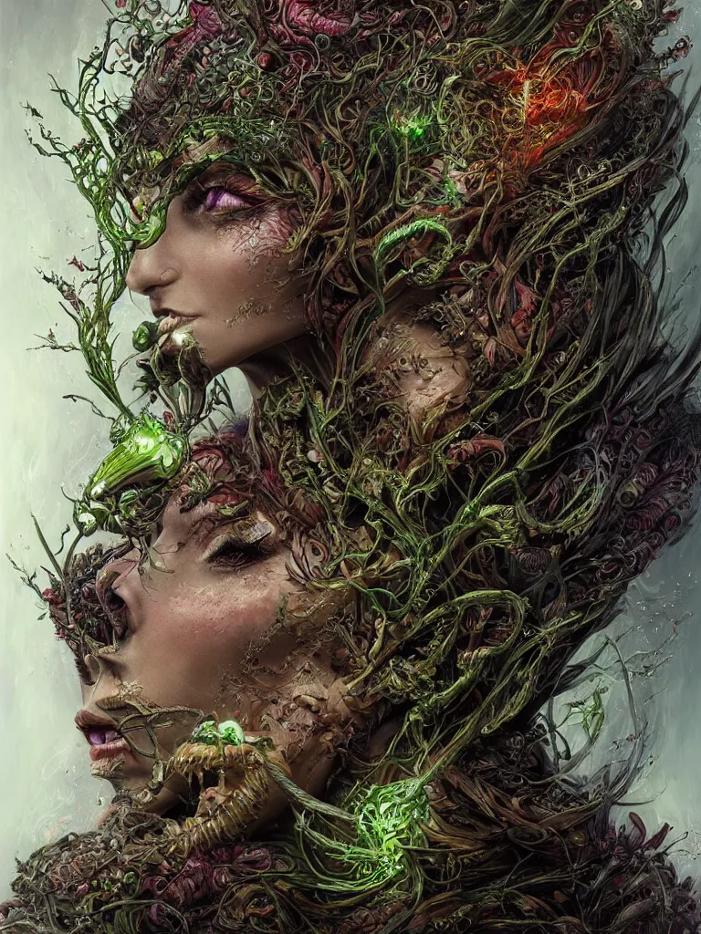 Image similar to single face portrait. complex hyper-maximalist overdetailed cinematic cosmic scifi portrait of an elegant very attractive but wild and dangerous reptilian goddess by andrei riabovitchev, tomasz alen kopera, oleksandra shchaslyva. Omnious intricate. Secessionist portrait illustration. Poison goddes. Slightly Reminds to poison ivy. Focus on face. Artstation. Deviantart. 8k 4k 64megapixel. Rendered by binx.ly.