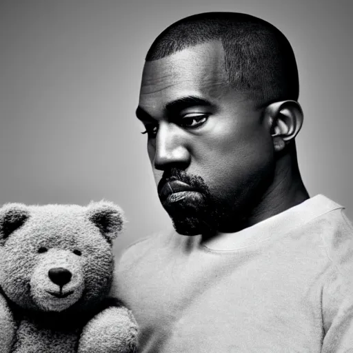 Prompt: Portrait studio photograph of Kanye West holding a anthropomorphic teddy bear, close up, shallow depth of field, in the style of Felice Beato, Noir film still, 40mm