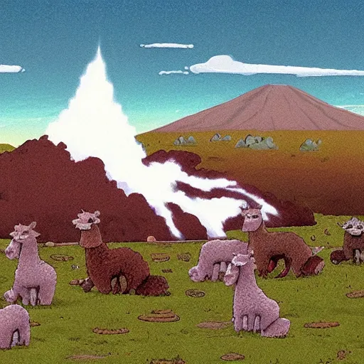 Prompt: alpacas making homemade soap in a volcano, mid shot, beautiful, epic scene, art by anto fadeev and studio ghibli and wlop