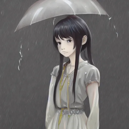 Image similar to portrait of lone girl standing in the melancholic rain, anime fantasy illustration by tomoyuki yamasaki, kyoto studio, madhouse, ufotable, trending on artstation