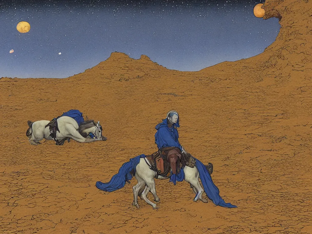 Image similar to portrait of a man with horse sleeping on the ground on mars. painting by limbourg brothers, moebius