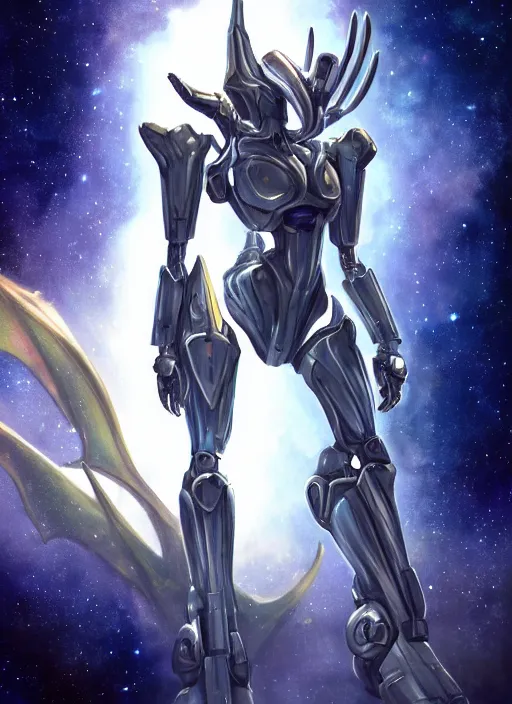 Image similar to cinematic shot, cosmic sized perfectly proportioned stunning beautiful anthropomorphic robot mecha female dragon, space background, larger than galaxies, holding milky way in sharp claws, sleek silver armor, epic proportions, epic size, epic scale, ultra detailed digital art, furry art, macro art, dragon art, giantess art, warframe fanart, furaffinity, deviantart