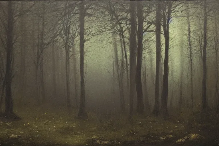 Image similar to dark and spooky painting of a forest dimly lit at night with tiny purple morning glory flowers trailing at the base of trees. foggy cinematic volumetric darkness, muted colour palette, detailed oil painting on canvas robert hughes, john everett millais