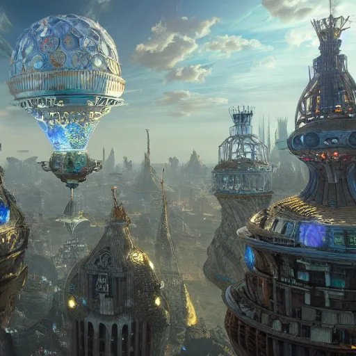 Image similar to enormous flying city in a faberge egg, sky, steampunk, fantasy art, unreal engine, chaotic