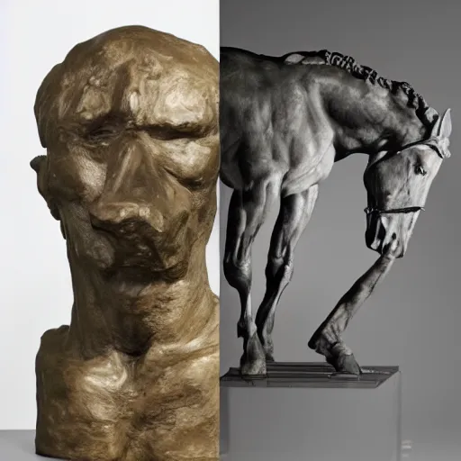 Prompt: a physical sculpture of a struggling human face, one with a horse's face and the other with a human face, by augustus rodin