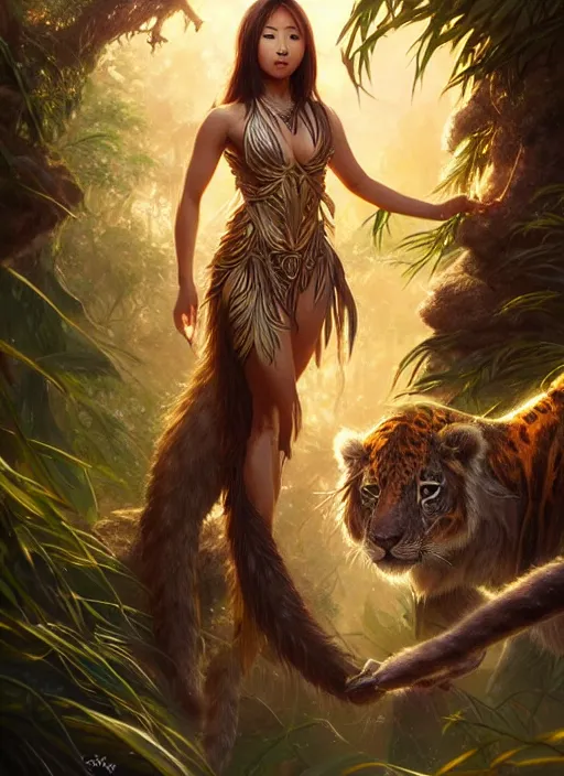 Image similar to karen fukuhara as queen of the jungle, intricate, elegant, glowing lights, highly detailed, digital painting, artstation, glamor pose, concept art, smooth, sharp focus, illustration, art by artgerm and greg rutkowski, artey freytag