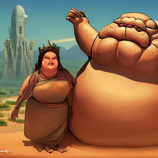 Prompt: jabba the hut and princess leah political comic style characturies in the desert, 4k, picture of the year, artstation