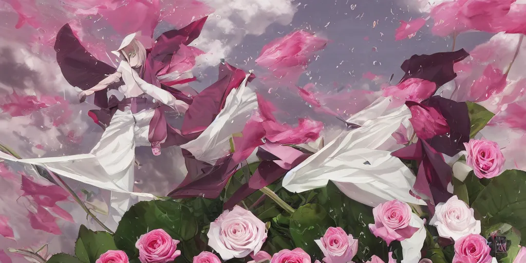 Image similar to floating flying longswords slicing through a bouquet of white and pink roses, flowers exploding and spraying, big puffy clouds, sharp rain, large rose petals, lotus petals, large polygonal background elements, large polygons, dramatic anime, dramatic lighting, artgerm, manga, trending on artstation, art nouveau, mature colors