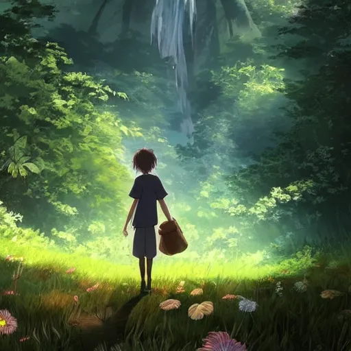 Prompt: guy and a friendly creature in the spitited away style, 4k art, high detail, smooth, anime beautiful peace scene, detailed face, studio ghibli, sharp focus high quality, fantasy, forest, detailed, wonderful, sky, cinematic movie scene,
