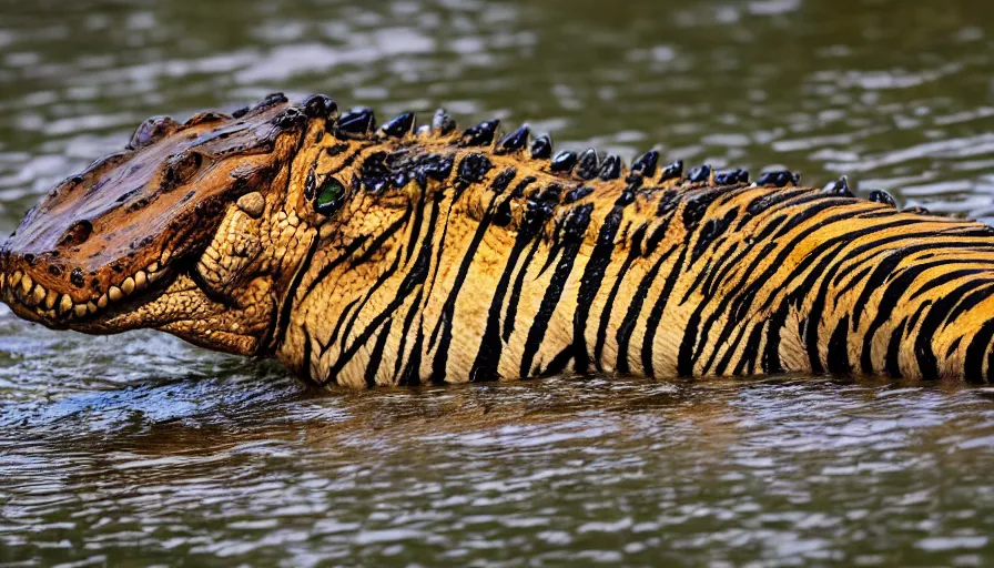 Image similar to an alligator tiger!!! hybrid! hyper realistic!! realistic lighting!! wildlife photographer of the year!!! bold natural colors, national geographic, hd, wide angle, 8 k