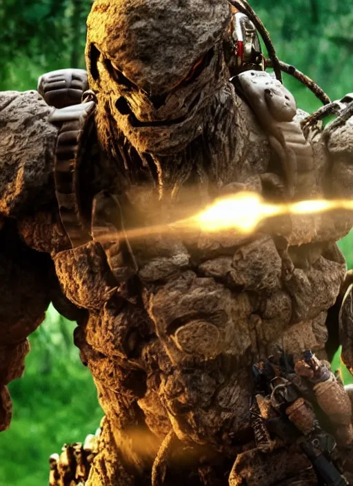 Image similar to cinematic, 4 k, full body portrait, rock golem as a soldier smoking a cigarette, still from the movie predator