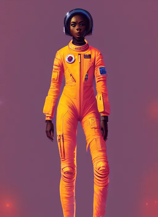 Image similar to full body portrait of young black woman as an astronaut, orange flight jumpsuit, intricate, beautiful and elegant, highly detailed, digital painting, artstation, concept art, smooth, sharp focus, illustration, art by wlop, mars ravelo and greg rutkowski