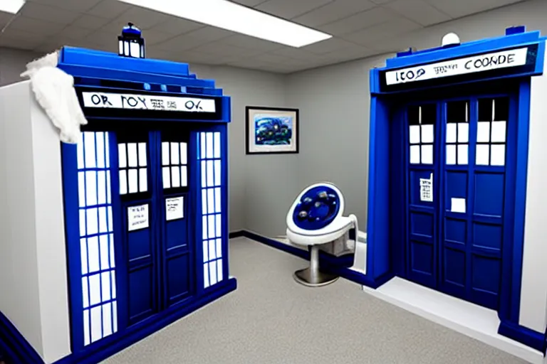 Prompt: tardis console room, dr who, dentist office