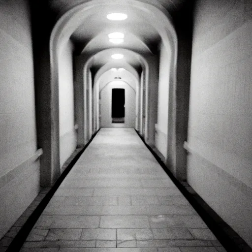 Image similar to Beautiful Fuzzy wide-eye-lens 15mm, harsh flash, cameraphone 2002, Photograph of an tiled infinite foggy foggy foggy liminal pool pool hallway hallway hallway with archways and water on the floor, mirrored