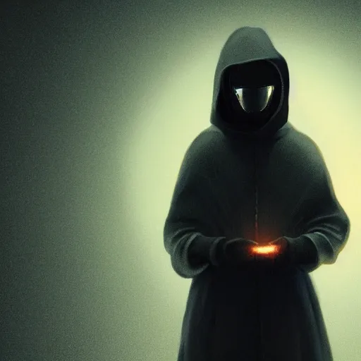 Prompt: award - winning. trending on artstation. cinematic. surreal. 4 k. a person wearing hooded frayed yellow robes and a minimalist steel mask staring while a black hole floats behind them. dark background.