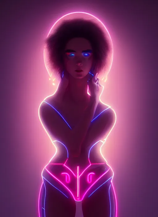 Image similar to beautiful neon woman, by greg rutkowski, symmetry, concept art by artgerm, distance render portrait of a hyper realistic, pixar, intense, epic, powerfull, alphonse mucha, octane render, highly detailed, high quality, 8 k, soft lighting, path traced, and uang guangjian and gil elvgren, symmetry!!