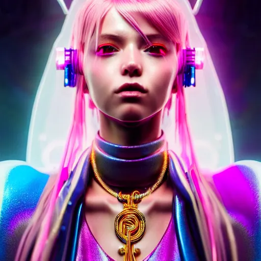 Prompt: hyperdetailed portrait of a stunningly beautiful pink cyberpunk cute european girl made of metals and shiny iridescent gems, bright rainbow nimbus, gold necklace, smoke background inspired by ross tran and masamune shirow and kuvshinov, intricate, photorealistic, octane render, rtx, hdr, unreal engine, dnd digital art by artgerm