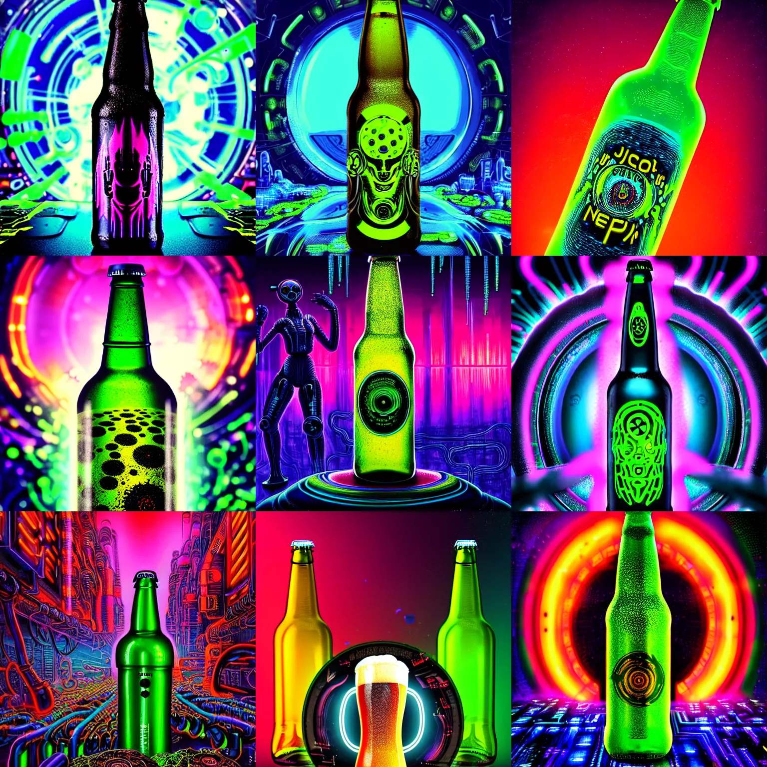 Prompt: psychedelic cybernetic bottle beer with toxic mold themed clothes, macro photography, techno planet in cybernetic neo - tokyo in background, by jeff easley, vibrant colors, award winning, stylized neon, post - processing, by tsutomu nihei, superb resolution, by junji ito, by greg rutkowski, 8 k, hyper realistic anime, perfect art