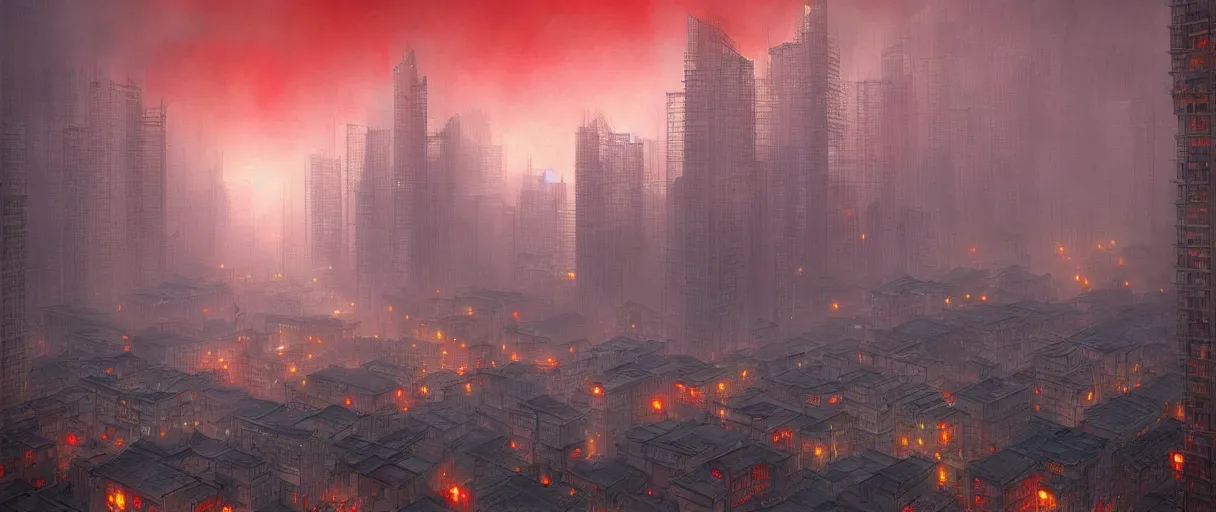 Prompt: beijing!!, dystopian, smog, red and yellow ( ( light ) ), very detailed picture, by marc simonetti