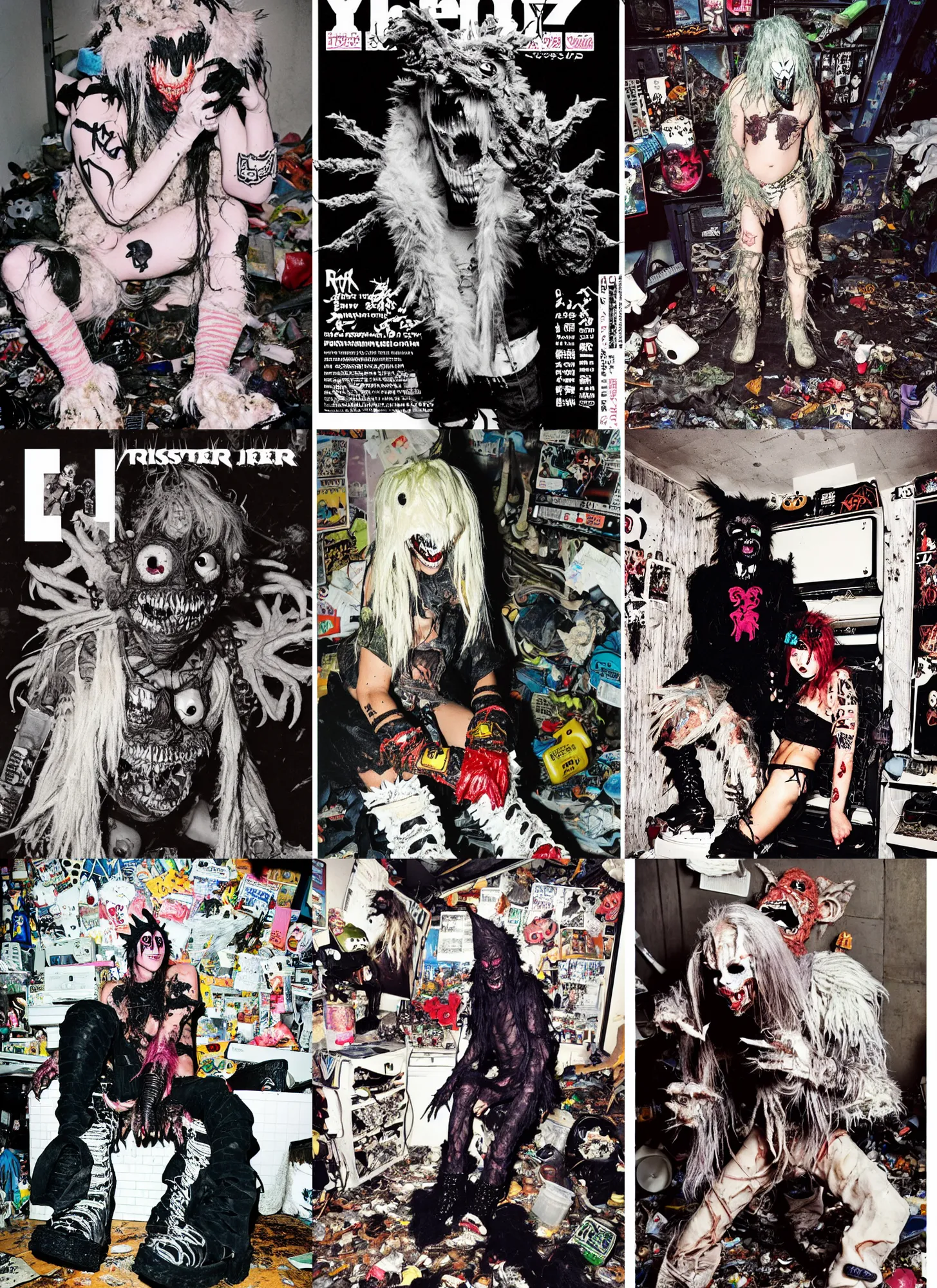 Image similar to photo of lace monster goblin wearing ripped up dirty Swear kiss monster teeth yeti platform boots in the style of Ryan Trecartin in the style of 1990's FRUiTS magazine 20471120 in japan in a dirty dark dark dark poorly lit bedroom full of trash and garbage server racks and cables everywhere in the style of Juergen Teller in the style of Shoichi Aoki, japanese street fashion, KEROUAC magazine, Walter Van Beirendonck W&LT 1990's, Vivienne Westwood, y2K aesthetic