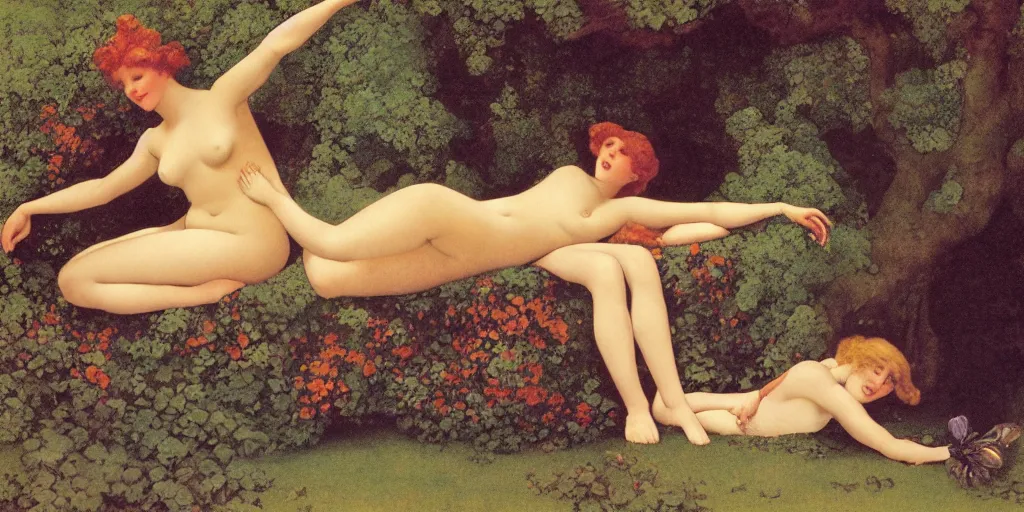 Image similar to a woman and a dryad lounging on a edwardian couch, style of maxfield parrish,