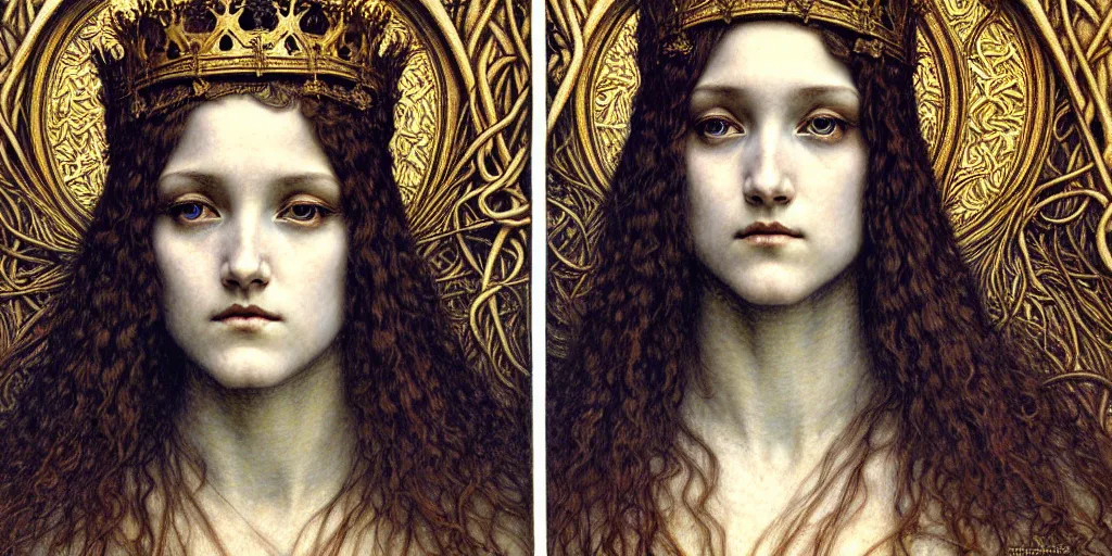 Image similar to detailed realistic beautiful young medieval queen face portrait by jean delville, gustave dore and marco mazzoni, art nouveau, symbolist, visionary, gothic, pre - raphaelite. horizontal symmetry