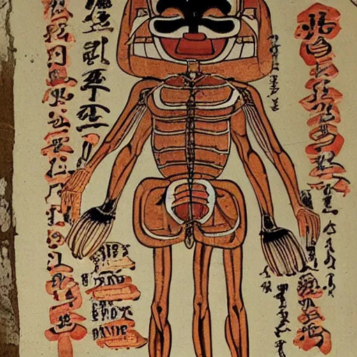 Image similar to an ancient papyrus depicting a japanese yokai's anatomy and information