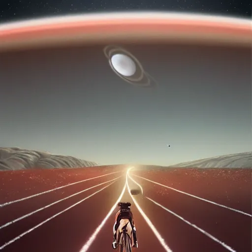 Image similar to a food delivery cyclist cycling around the rings of saturn, sci fi, artstation, greg rutkowski, vladimir kush, laurie greasley