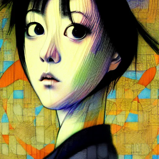 Image similar to yoshitaka amano blurred and dreamy realistic three quarter angle portrait of a young woman with short hair and black eyes wearing office suit with tie, junji ito abstract patterns in the background, satoshi kon anime, noisy film grain effect, highly detailed, renaissance oil painting, weird portrait angle, blurred lost edges