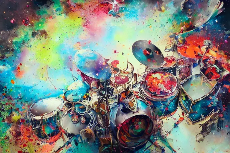 Image similar to a splattered action painting showing a drumset, ultradetailed, fine art painting, peter mohrbacher, moebius, drumset, frottage, watercolor, acrylic, multilayered paint, spectacular splatter explosion, psychedelic art